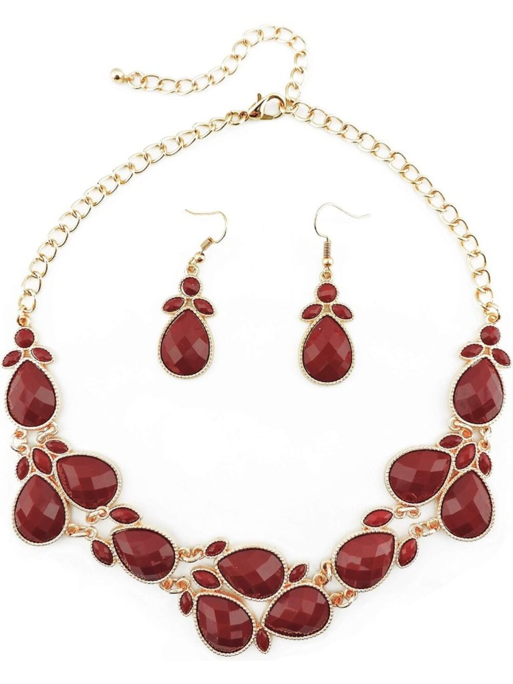 Women's Wine Red Water Drop Collar Necklace Earrings Set Statement Jewelry